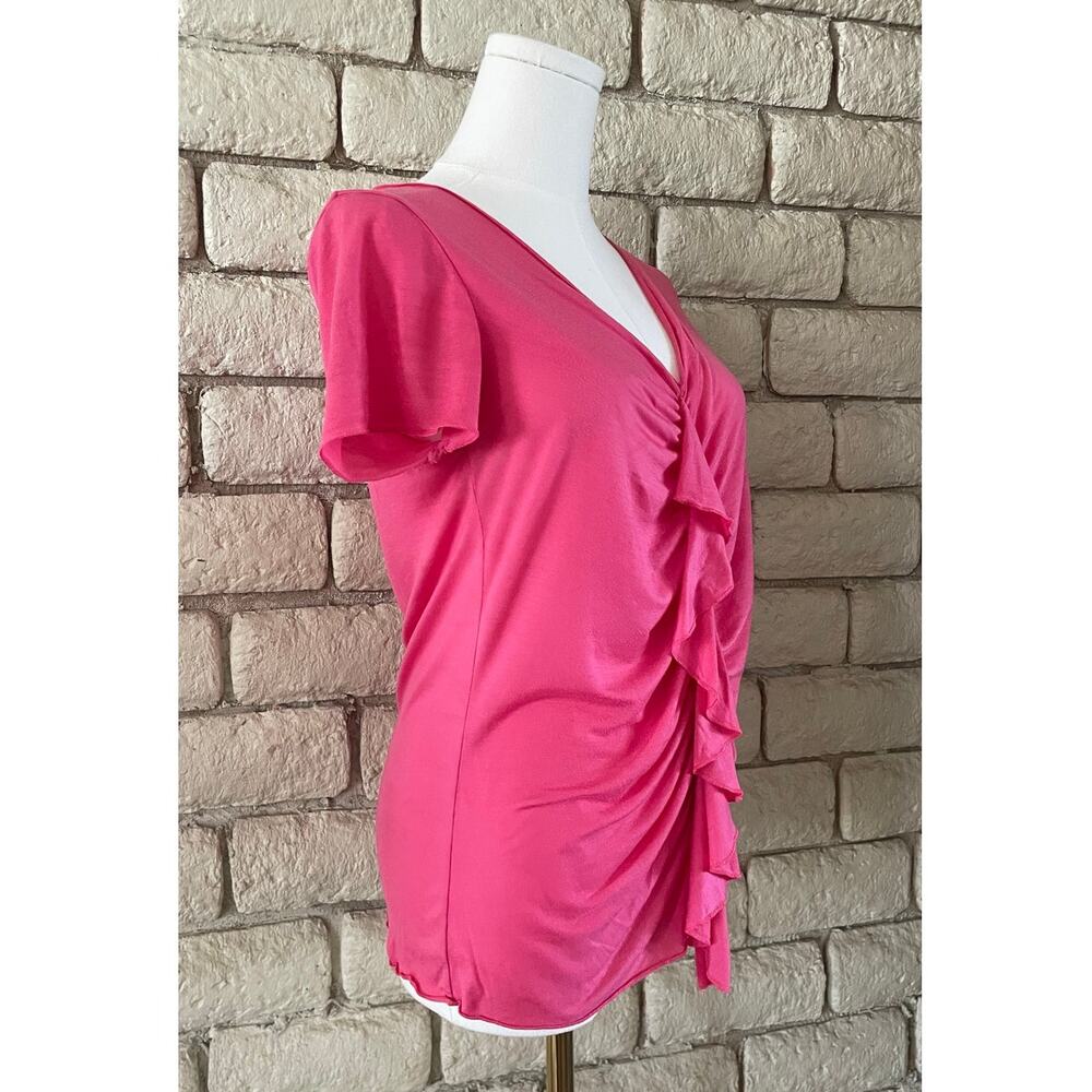 Banana Republic Pink Ruffle Front V-Neck Blouse - Short Sleeve Size Medium - Picture 2 of 5
